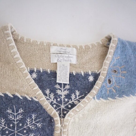 Vintage Christopher Banks Snowflake Patchwork Holiday Cardigan Zip Grandmacore M - Picture 9 of 10